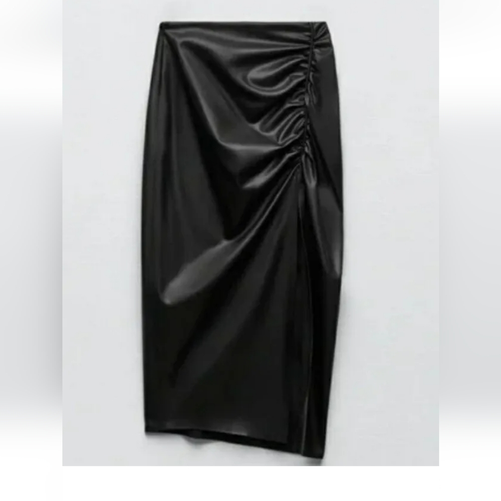 Zara Womens Black Faux Leather Ruched Pencil Skirt Size XXL